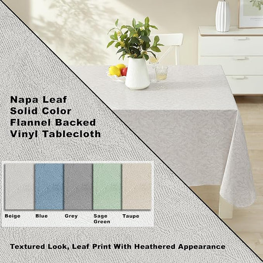 Newbridge Napa Leaf Beige Vinyl Flannel Backed Tablecloth, 60 x 102 Inch Rectangle, Hotel Quality Waterproof Indoor Outdoor Table Cover for Kitchen, Patio, Dining, BBQ