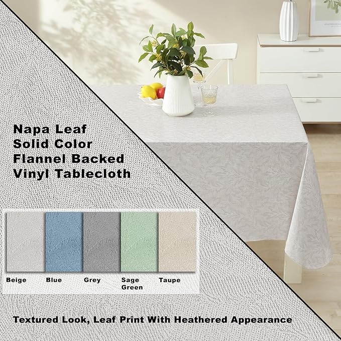 Newbridge Napa Leaf Beige Vinyl Flannel Backed Tablecloth, 60 x 120 Inch Rectangle, Hotel Quality Waterproof Indoor Outdoor Table Cover for Kitchen, Patio, Dining, BBQ
