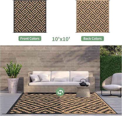 GENIMO Outdoor Rug, Waterproof Plastic Rugs for Patio, 10'x10' Black Brown | Outside Larger Modern Carpet Mat for Porch Decor, Deck, Camping, RV, Backyard, Balcony, Picnic, Beach, Reversible, Foldable