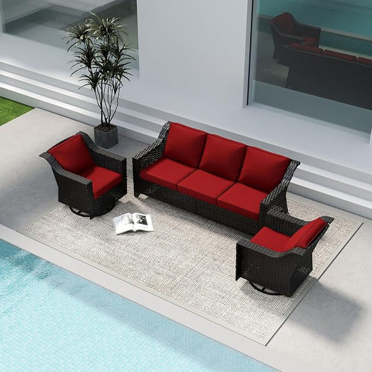 3 Pieces Patio Conversation Furniture Set - 1 Sofa, 2 Swivel Chairs, Outdoor Wicker Furniture with Removable Cushions for Porch, Balcony, Sunroom (Red)