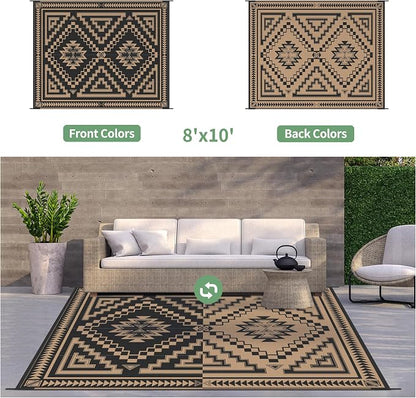 GENIMO Outdoor Rug, Waterproof Plastic Rugs for Patio, 8'x10' Dark Brown | Outside Larger Modern Carpet Mat for Porch Decor, Deck, Balcony, Camping, RV, Backyard, Picnic, Beach, Reversible, Foldable