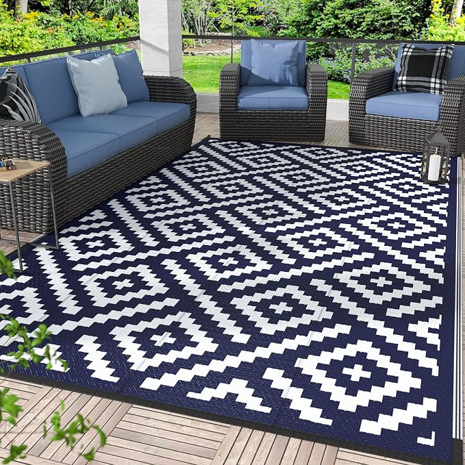 GENIMO Outdoor Rug, Waterproof Plastic Rugs for Patio, 5'x8' Blue White | Outside Larger Modern Carpet Mat for Porch Decor, Deck, Balcony, Camping, RV, Backyard, Picnic, Beach, Reversible, Foldable