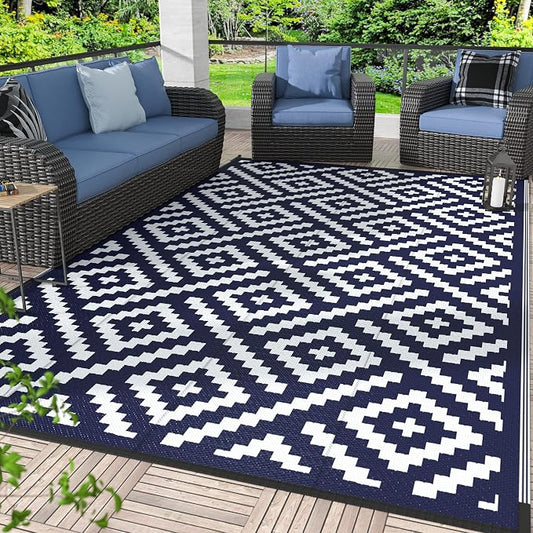 GENIMO Outdoor Rug, Waterproof Plastic Rugs for Patio, 5'x8' Blue White | Outside Larger Modern Carpet Mat for Porch Decor, Deck, Balcony, Camping, RV, Backyard, Picnic, Beach, Reversible, Foldable