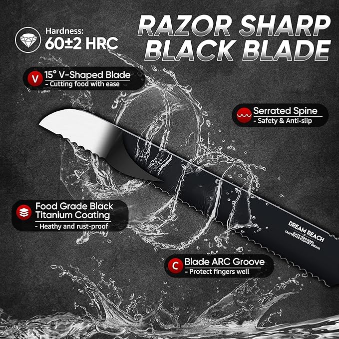 Dream Reach Serrated Bread Knife - Hand Forged Full Tang Black Sourdough Knife for Slicing Baguette, Sandwich, Bagels, Cake and Fruits