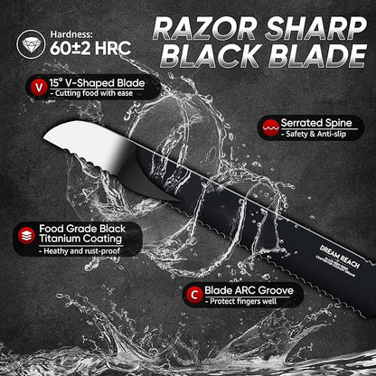Dream Reach Serrated Bread Knife - Hand Forged Full Tang Black Sourdough Knife for Slicing Baguette, Sandwich, Bagels, Cake and Fruits