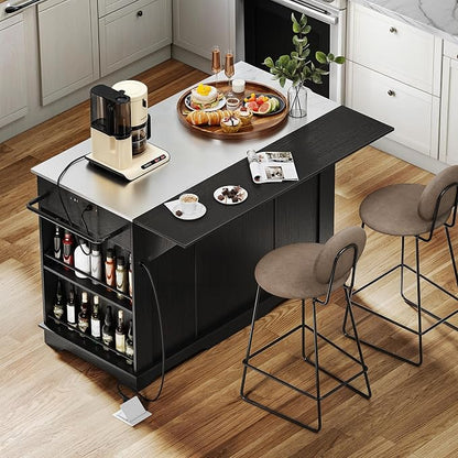 DWVO Kitchen Island with Stainless Steel Top & Power Outlet, 60 Inch Kitchen Island on Wheels with Drop Leaf, Large Rolling Mobile Center Islands w Storage Drawer Cabinet Counter Metal Top, Black