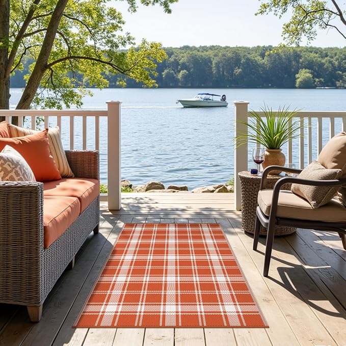 GENIMO Outdoor Rug 3'x5' Waterproof for Porch, Plastic Door Mat Orange Plaid