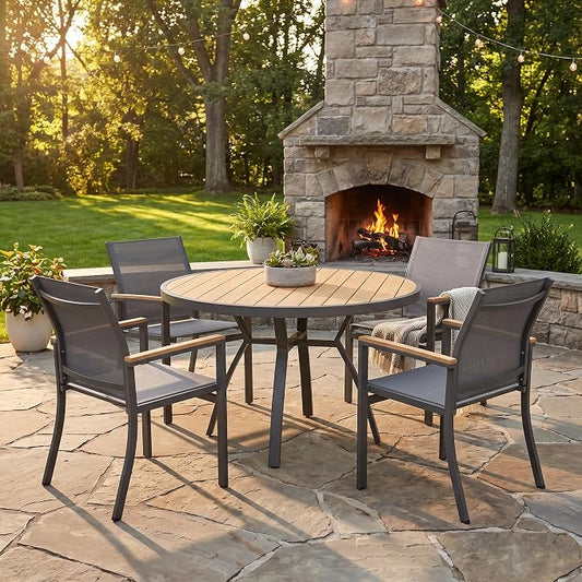 5-Pieces Aluminum Patio Table and Chairs Set, Outdoor Patio Furniture Set with Heavy Duty HDPS Round Table, All-Weather Outdoor Dining Set with Quick-Drying Breathable Textilene Chairs for Porch