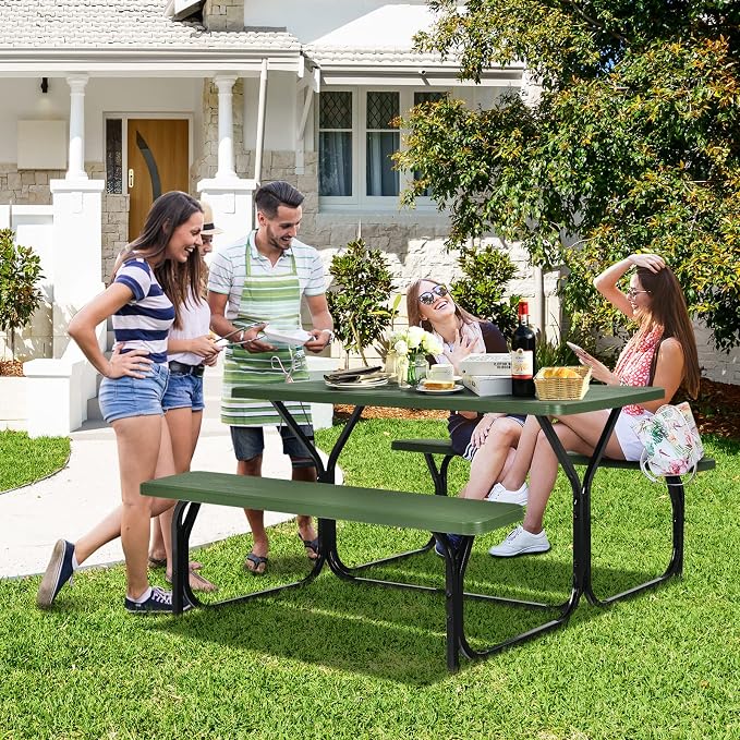 Picnic Table, Outdoor Dining Table with 2 Benches, Wood Grain Tabletop, Heavy Duty Metal Frame, Portable Picnic Table for Outdoors Backyard Garden Lawn Patio Poolside Deck (Green)