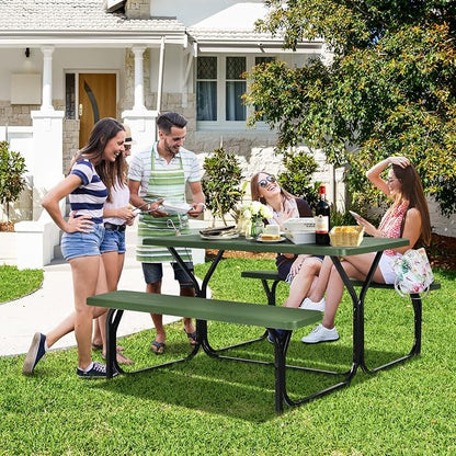 Picnic Table, Outdoor Dining Table with 2 Benches, Wood Grain Tabletop, Heavy Duty Metal Frame, Portable Picnic Table for Outdoors Backyard Garden Lawn Patio Poolside Deck (Green)
