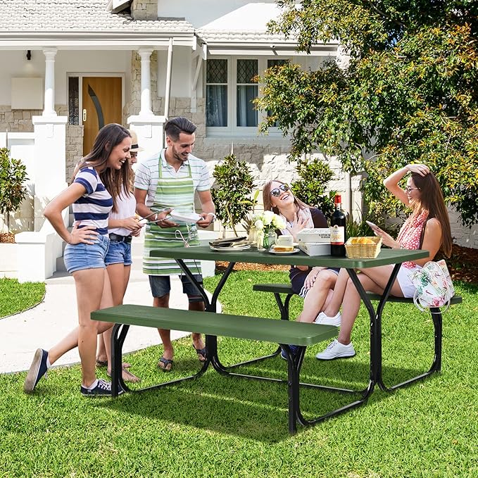 COSTWAY Outdoor Picnic Table, HDPE Plastic Picnic Table Bench Set | Weather Resistant Tabletop & Wood Texture, Ideal for Patio, Backyard (59" D x 54" W x 28.5" H,Green)