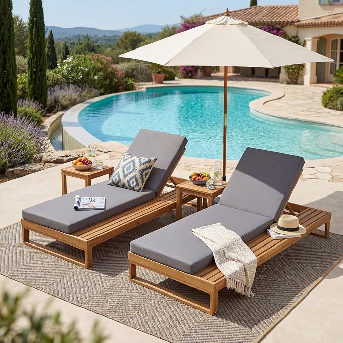 Merax 2 Piece Teak Finish Acacia Wood Chaise Lounge with 4-Inch Dark Grey 2-Fold Cushion Set, 4-Position Adjustable Outdoor Patio Lounger with Flat Side Surface, for Poolside