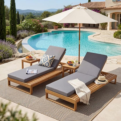 Merax 2 Piece Teak Finish Acacia Wood Chaise Lounge with 4-Inch Dark Grey 2-Fold Cushion Set, 4-Position Adjustable Outdoor Patio Lounger with Flat Side Surface, for Poolside