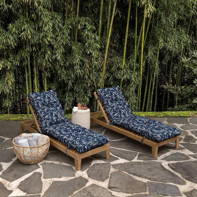 Arden Outdoor Tufted Chaise Cushion, earthFIBER, 22x76, Blue Palm | Plush Comfort, Modern Tuft, Lounge Cushion, Rain-Proof, Fade Resistant, Cushion for Chaise Lounger, Mold and Mildew Resistant