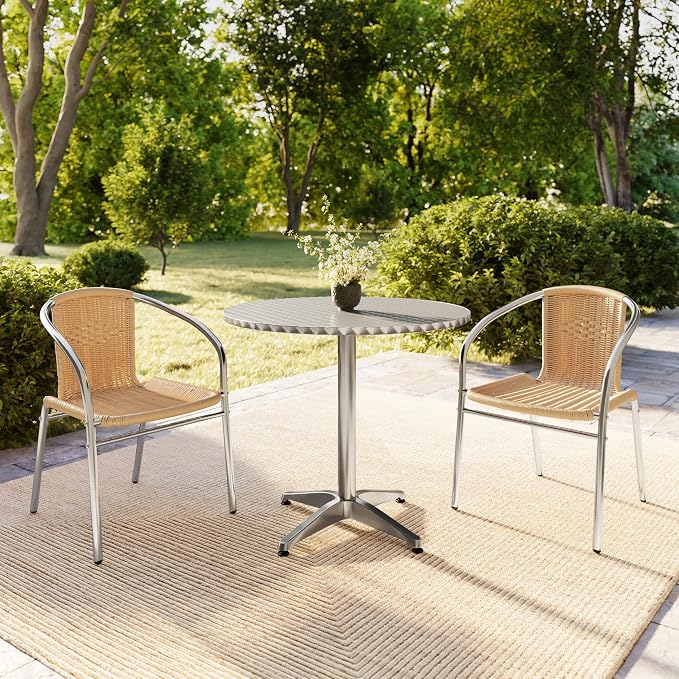 Flash Furniture Lila 31.5'' Round Aluminum Indoor-Outdoor Table Set with 2 Beige Rattan Chairs | Indoor/Outdoor Use, Beige Rattan Chairs