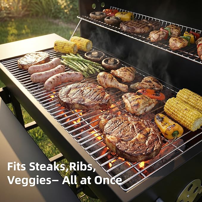 Barrel Charcoal Grill With Side Table & Folding Front Shelf, Nearly 600 Sq.In. Cooking Grid Area, Outdoor BBQ Grill For Backyard, Patio, Camping & Parties, Black