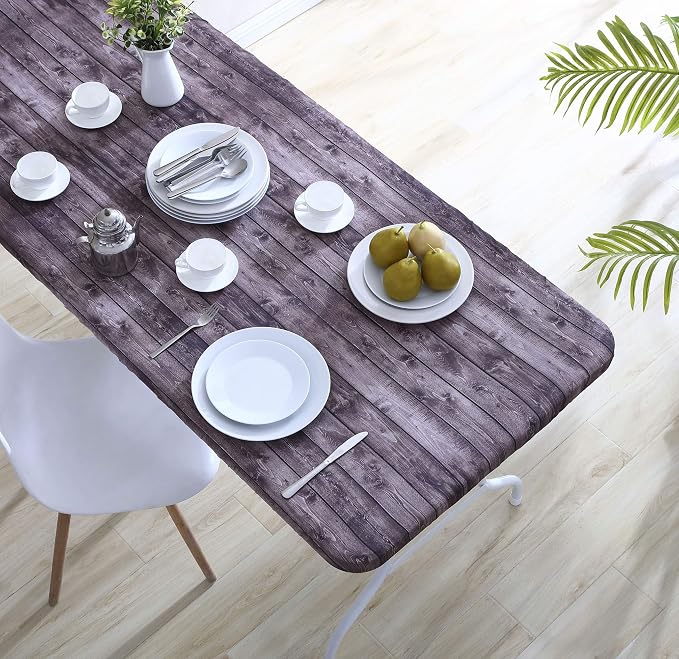 Brielle Home Easy Care Tablecloth Printed Cotton Fabric Washable Wrinkle Resistant Fitted Table Cover, Distressed Wood, 30"x72"