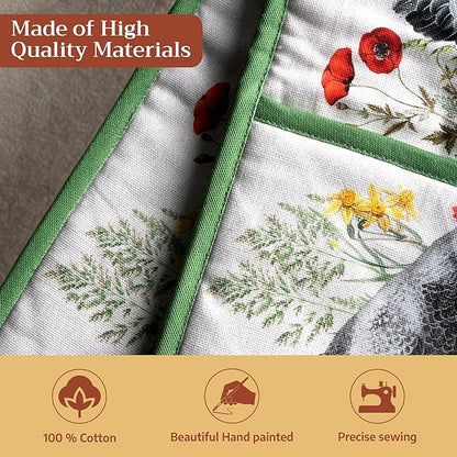 Maison d' Hermine Double Oven Mitts 100% Cotton 7"x35" Double Oven Mitt Heat Resistant BBQ Cooking Gloves with Loop Baking Grilling Kitchen Hotel Home Farmhouse Spring Summer (Basse Cour)