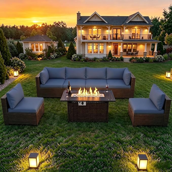 LAFWELL 8-Piece Wicker Patio Conversation Set with 44" Propane Fire Pit Table, Cozy Outdoor Sectional Sofa for Backyard Gatherings, Poolside Lounging & Garden Parties