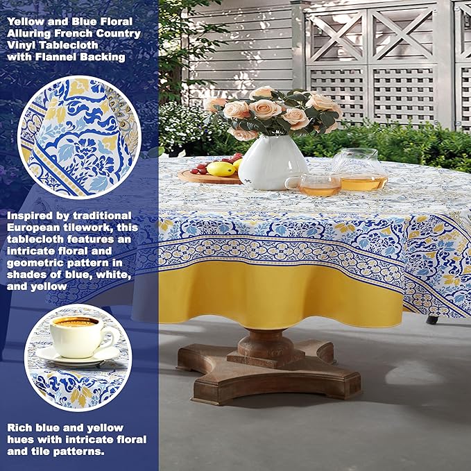 Home Bargains Plus Oval Vinyl Tablecloth with Flannel Backing, 60 x 84 Inch, Alluring French Country, Yellow and Blue Floral Vinyl Table Cover, Heavy Weight for Dining Party and Barbecues
