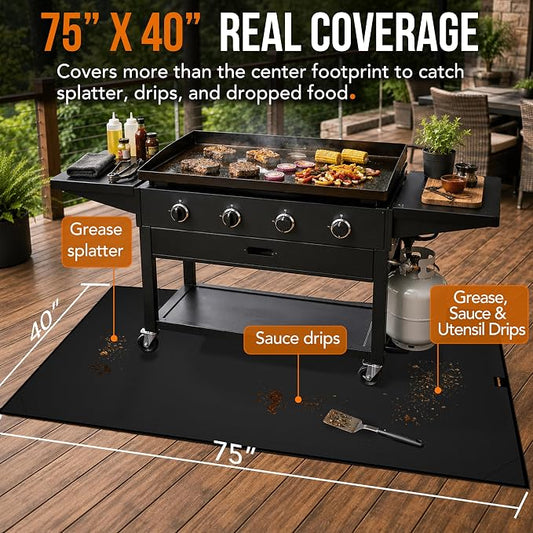 75 x 40 in Under Grill Mat for Outdoor Grill, 4 Weighted Corners | Wind-resistant, no-curl grill mat with bound edges; waterproof, oil-proof, fireproof to 2000°F for Blackstone, decks & patios