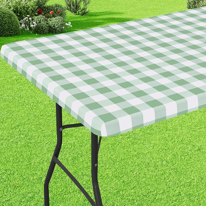Buffalo Rectangle Picnic Tablecloth, 8 Foot Elastic Fitted Vinyl Table Cloth with Flannel Backing, Waterproof Plaid Table Covers for Dining, Camping, Outdoor (Sage Green and White, 30" x 96")
