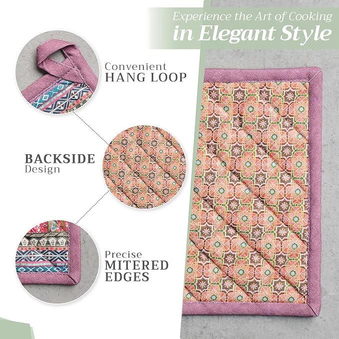 Maison d' Hermine 100% Cotton Oven Mitt & Pot Holder Set (7.5"x13" & 8"x8") | Heat Resistant BBQ Cooking Gloves with Loop Baking Grilling Kitchen Hotel Home Farmhouse Thanksgiving Christmas - Ispahan