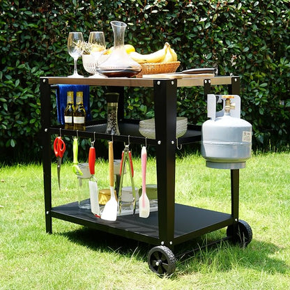 LEETOLLA Stainless Steel Outdoor Grill Cart with Wheels, Heavy-Duty 3-Tier BBQ Prep Table for Pizza Oven, Griddle, Patio – Rustproof Commercial Kitchen Cart with Tool Hooks