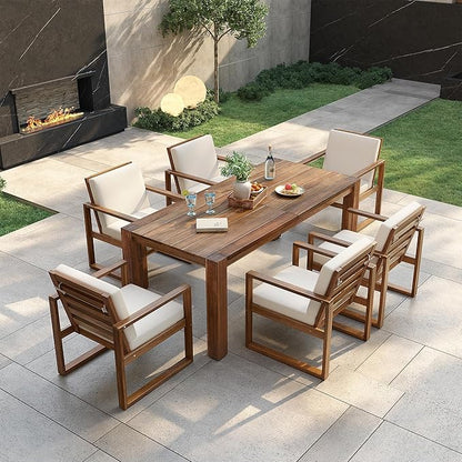 Merax Patio Table and Chairs Set, Outdoor Dining Set for 6 with Umbrella Hole, 7 Piece Outdoor Patio Furniture Set Wood Frame with Removable Cushion for Garden, Backyard, Lawn, and Poolside