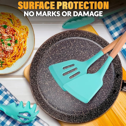 Teal Kitchen Utensils Set with Holder, 12 Pcs, Wooden Handle | BBQ Cooking Utensils that Bake, Serve, Mix & Flip; Silicone Heads Stay Non-Scratch on Nonstick Pots & Pans; Housewarming Gift