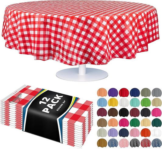 Grandipity 12 Pack Premium Disposable Plastic Picnic Tablecloth 84" Inch Decorative Round Table Cover - Red Checkered Gingham