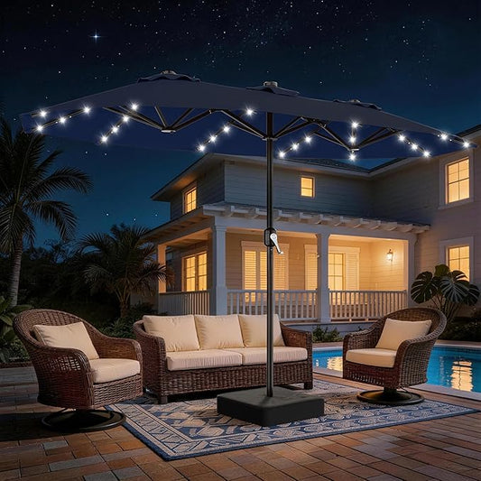 AreShark 13 FT Patio Umbrella with Solar Lights, Double-Sided Outdoor Table Umbrellas with Crank, Large Rectangular Market Umbrella for Porch, Lawn, Pool, Backyard, Navy