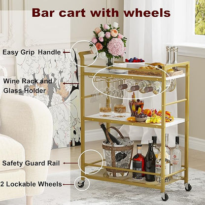 3 Tier Bar Cart, Small Beverage Cart, Mini Bar Cart with Wine Rack, Compact Mini Bar Cart - Please Refer to the Exact Dimensions for Usage Matching Dimensions: 22" W × 13" D × 35.8" H GBC507G