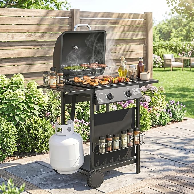 Outsunny 2 Burner Propane Gas Grill, 18000 BTU BBQ Grill with Wheels, Warming Rack, Side Tables, Shelf, Thermometer, Grease Cup, Outdoor Barbeque for Outdoor Backyard Patio, Black