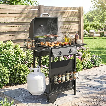 Outsunny 2 Burner Propane Gas Grill, 18000 BTU BBQ Grill with Wheels, Warming Rack, Side Tables, Shelf, Thermometer, Grease Cup, Outdoor Barbeque for Outdoor Backyard Patio, Black