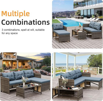 Shintenchi 3 Pieces Outdoor Patio Furniture Sets, Wicker Patio Conversation Sets, All Weather Wicker Rattan Patio Seating Sofas with Glass Coffee Table and Cushion, Blue-Gray
