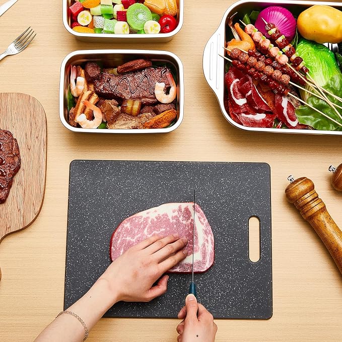 4 Pcs Grill Prep Set – Stainless Steel BBQ Prep & Serve Tray, Marinade Containers with Lids and Cutting Board for Outdoor Grilling, BBQ, Marinating (Deep Tray)
