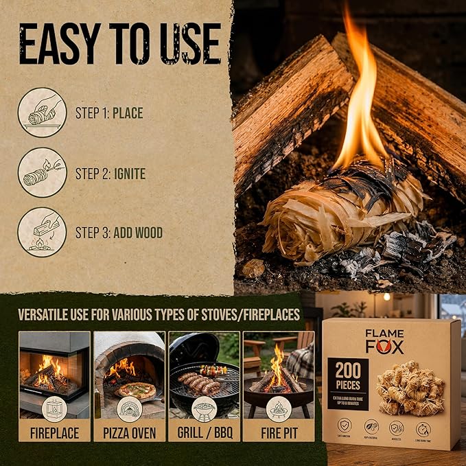 FlameFox Fire Starters 200 pcs – Natural Wood Wool Tumbleweed Fire Starter – Odorless Long Burning and Eco Friendly Firestarters – for Fireplace, Campfire, Grill, BBQ, Charcoal, Wood Stove & Fire Pit