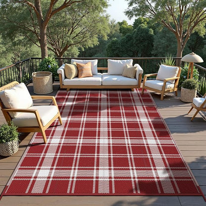 GENIMO Outdoor Rug, Waterproof Plastic Rugs for Patio, 6'x9' Red Plaid | Outside Larger Modern Carpet Mat for Porch Decor, Deck, Balcony, Camping, RV, Backyard, Picnic, Beach, Reversible, Foldable