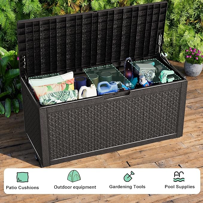 PatioZen 121 Gallon Resin Deck Box, Lockable Outdoor Storage Box for Patio Cushions Storage Furniture,Garden Tools, Pool Supplies, Weatherproof and UV Resistant (Black)