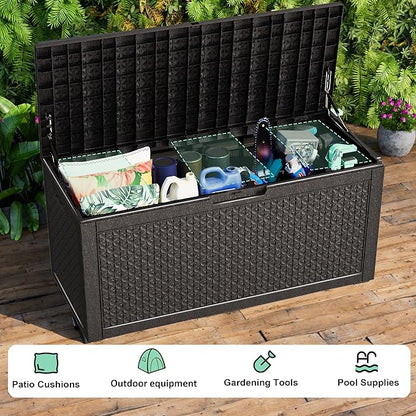 PatioZen 121 Gallon Resin Deck Box, Lockable Outdoor Storage Box for Patio Cushions Storage Furniture,Garden Tools, Pool Supplies, Weatherproof and UV Resistant (Black)