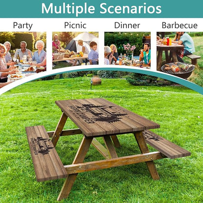 Picnic Table Cover with Bench Covers, Waterproof Windproof Fitted Outdoor Tablecloth with Elastic Rectangle Table Camping Must Haves Rv Accessories, 96in, Brown Wooden