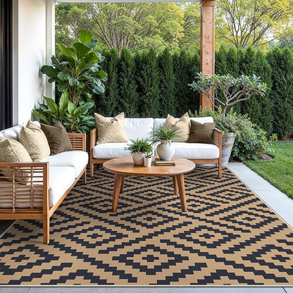 GENIMO Outdoor Rug, Waterproof Plastic Rugs for Patio, 6'x9' Black Cocoa | Outside Larger Modern Carpet Mat for Porch Decor, Deck, Balcony, Camping, RV, Backyard, Picnic, Beach, Reversible, Foldable