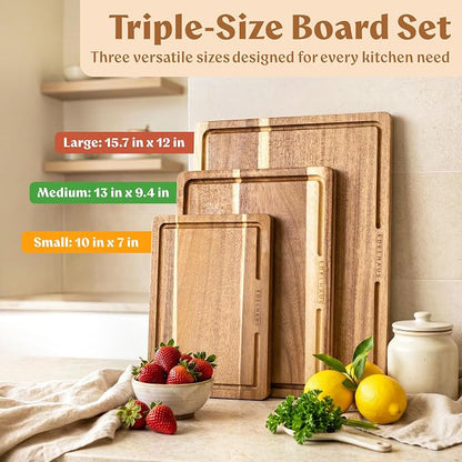 Acacia Wood Cutting Boards for Kitchen Set of 3, Double sided | Non Toxic Wooden Chopping Boards: Cut on One Side, Serve on the Other, large kitchen boards for charcuterie