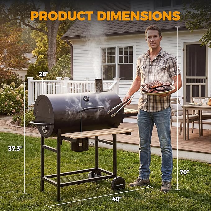 MASTER COOK Barrel Charcoal Grill with Foldable Front Wood Shelf, 686 Sq.in. Cooking Area Outdoor bbq Grill, Thermometer and Adjustable Air Vents for Backyard, Patio, Parties, Tailgating