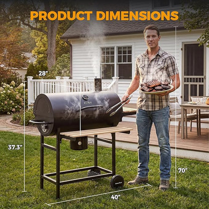 MASTER COOK Barrel Charcoal Grill with Foldable Front Wood Shelf, 686 Sq.in. Cooking Area Outdoor bbq Grill, Thermometer and Adjustable Air Vents for Backyard, Patio, Parties, Tailgating