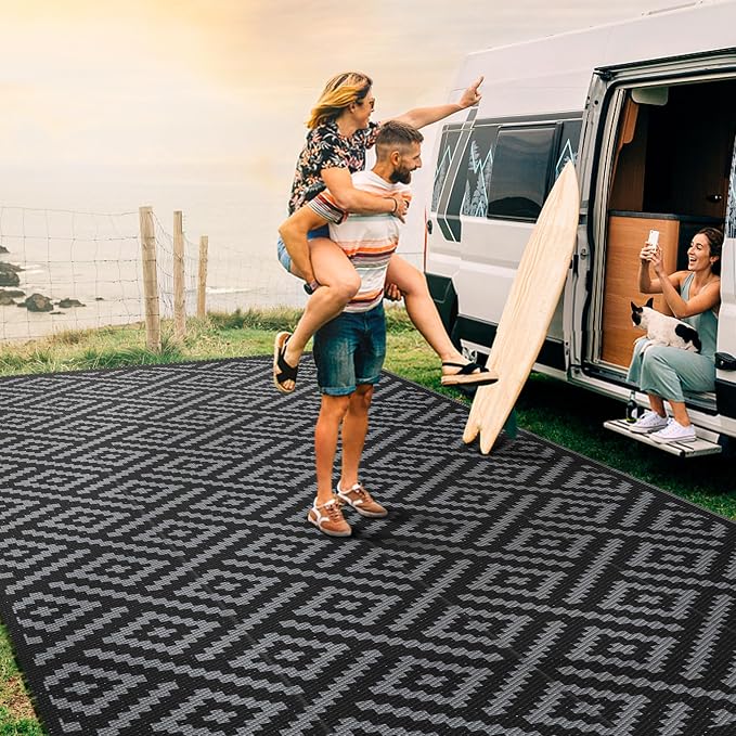 GENIMO Outdoor Rug, Waterproof Plastic Rugs 8'x16' for Camping Black Grey | Outside Larger Modern Carpet Mat for Patio Decor, RV, Porch, Camper, Deck, Picnic, Beach, Backyard, Reversible, Foldable