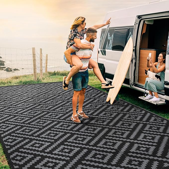 GENIMO Outdoor Rug, Waterproof Plastic Rugs 9'x18' for Camping Black Grey | Outside Larger Modern Carpet Mat for Patio Decor, RV, Porch, Camper, Deck, Picnic, Beach, Backyard, Reversible, Foldable