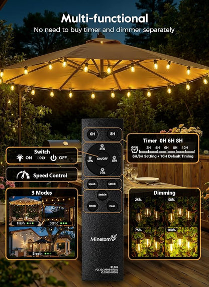 Minetom 202FT Solar String Lights Outdoor Waterproof, S14 Patio Lights | 65 LED Shatterproof Bulb, Remote Type-C Port Timable, 3 Light Modes Dimmable Solar String Lights for Outside, Yard, Camping