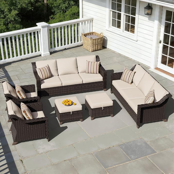 6 Piece Patio Furniture Set, Wicker Outdoor Conversation Set | Patio Chair Set with Olefin Removable Cushion, All-Weather Outdoor Couch with Deep Seat for Porch, Deck and Backyard, Beige